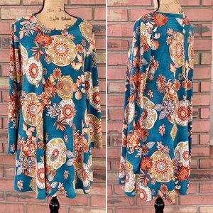 Yee Long Sleeve Shift Dress Blue Floral Size S